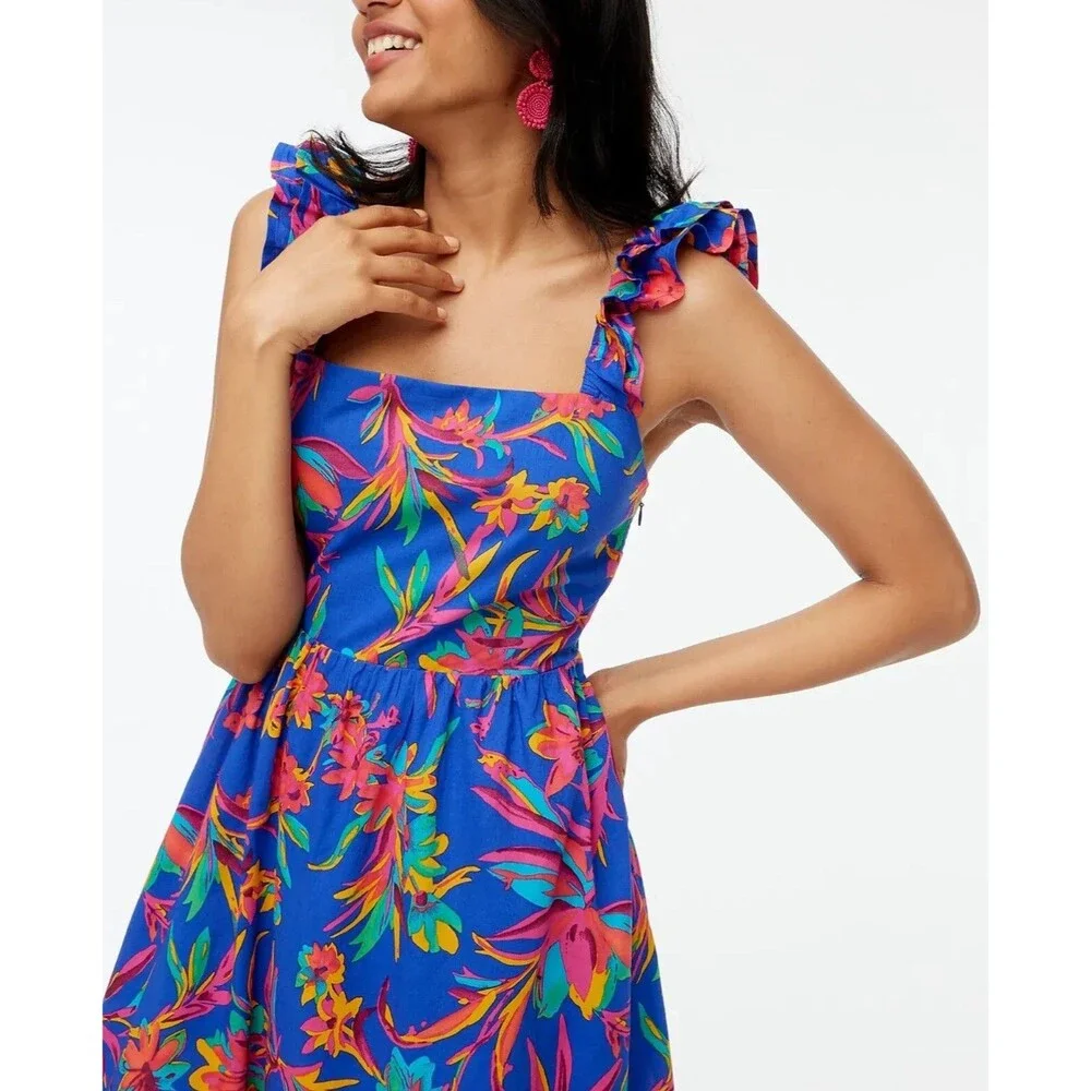 J Crew Women Midi Dress Blue Floral Cotton Preppy Boho Vacay Resort Size 4 NWT
